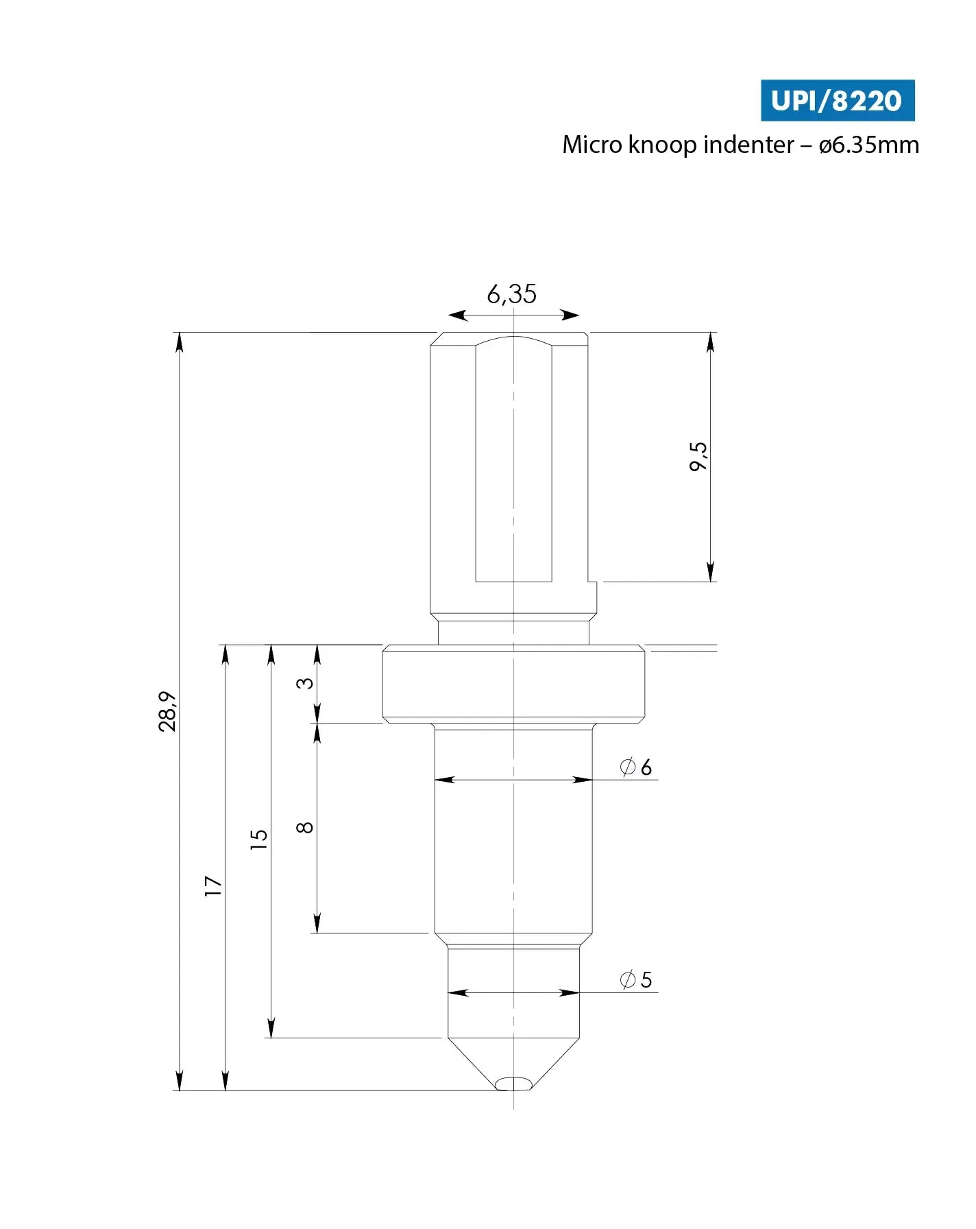 TECH Knoop Hardness Tester Indenter 6.35mm shaft