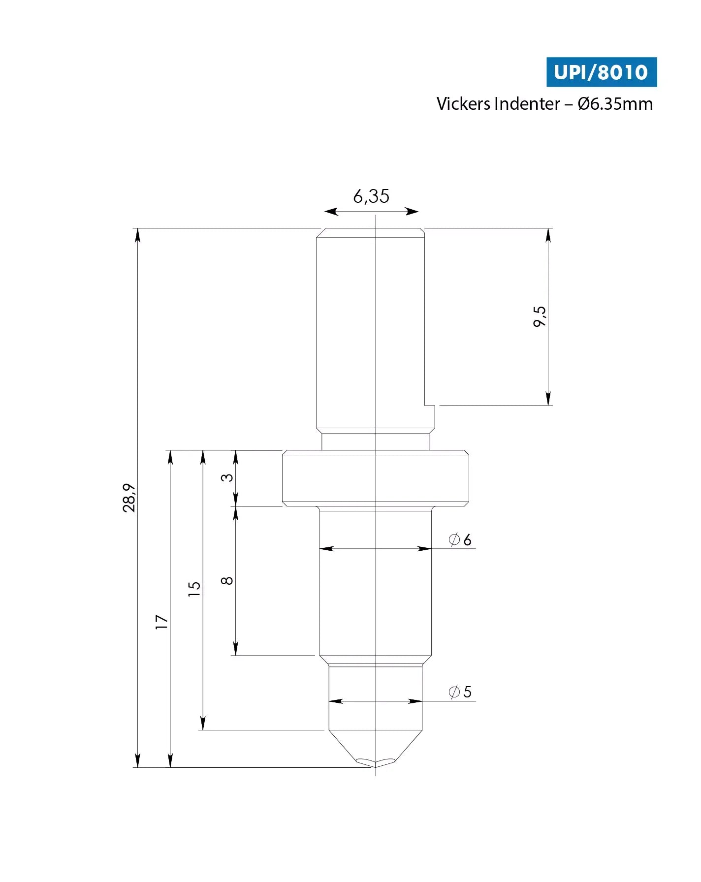 TECH Vickers Hardness Tester Indenter 6.35mm shaft